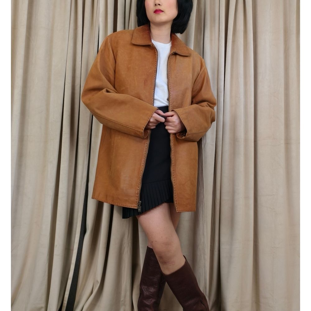 Vintage Genuine Leather Top Layer Cowhide Tan Boyfriend Jacket Trench Coat